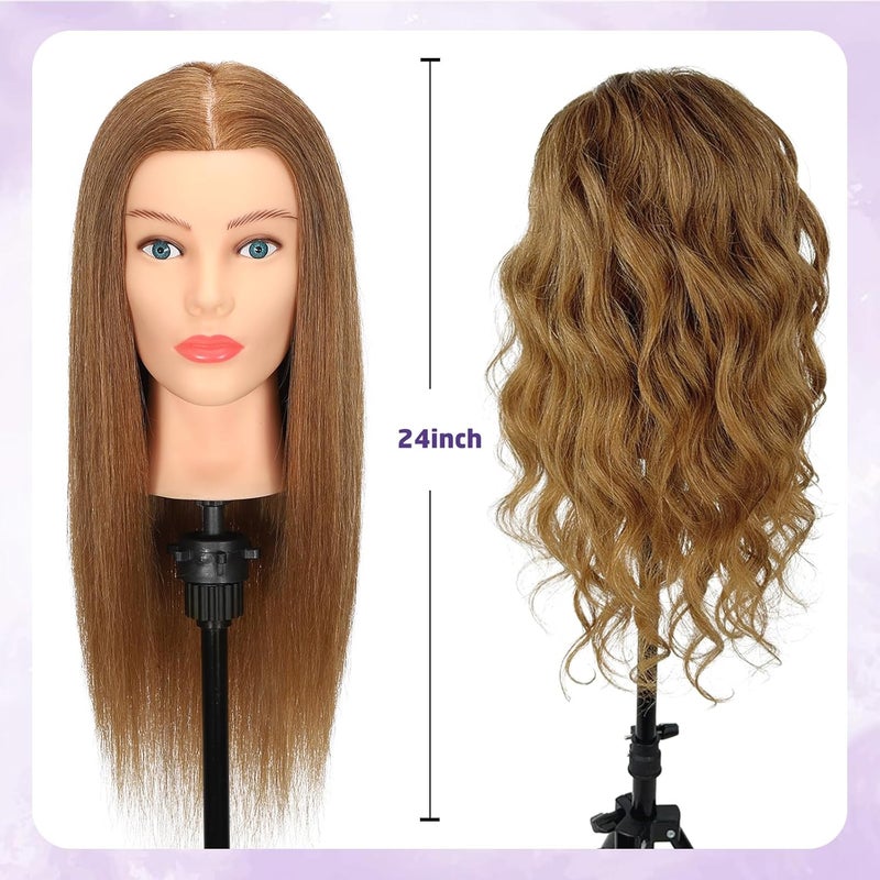 Firstwon 20-22" Mannequin Head with 100% Real Human Hair Cosmetology Manikin Doll Head for Styling Hairdresser Practice Head (Human Hair #27) - Image 4